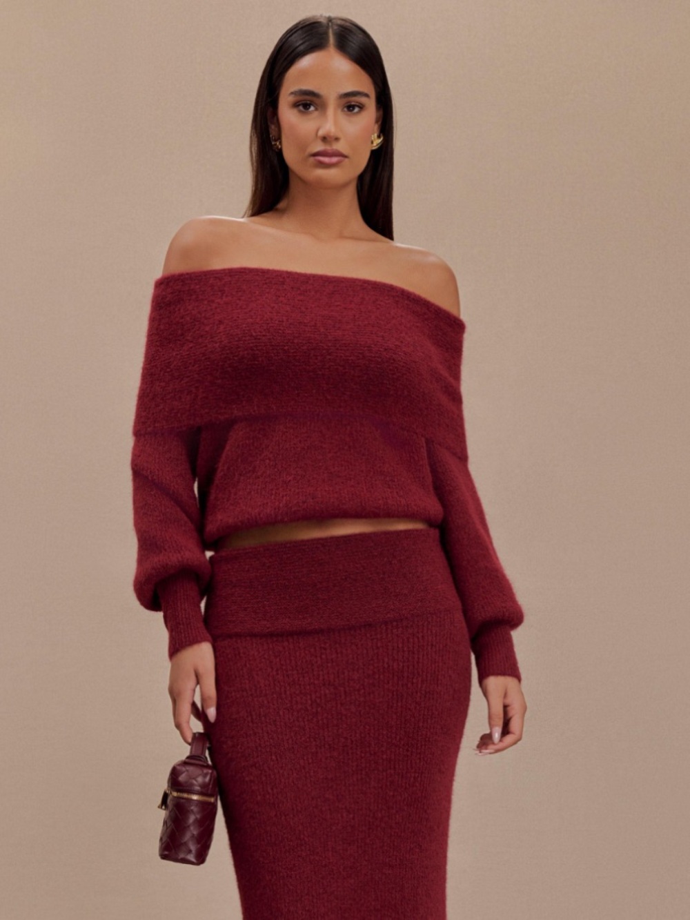 Meshki Charlotte Off the Shoulder Long Sleeve Sweater Large Merlot Burgundy
